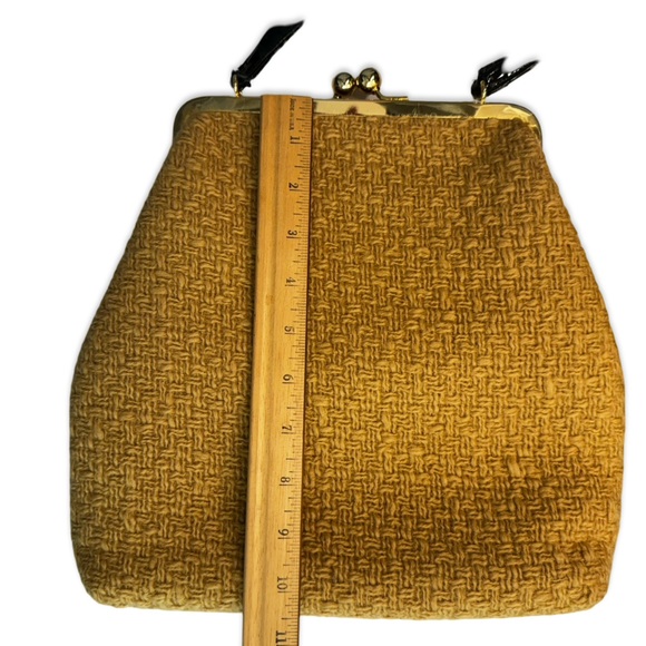 Glenda Gies Kiss-lock Gold/Brown Tweed Harvest Gold 60s Barkcloth interior purse - Picture 8 of 10